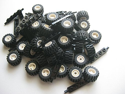 LEGO City Complete Wheel Assembly Lot, 20 Black Axles, 40 Black Rubber Tires, 40 White Wheels