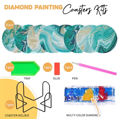 8 Pcs Marble Ocean Shaped Diamond Painting Kits, Diamond Painting Kits with Holder Marble Ocean, Diamond Art Coasters for Beginners Adults - Perfect Art Craft Supplies Gift!… - color: Marble Ocean