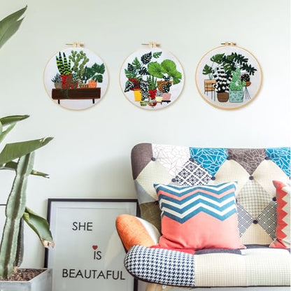 SCECALA 3 Pack Plant Embroidery Kit for Beginners - Green Plant Potted with Embroidery Pattern, Hoop, Complete Cross Stitch Supplies (Needle/Threads/Scissors) DIY Craft for Adults Sewing Hobby - color: Green
