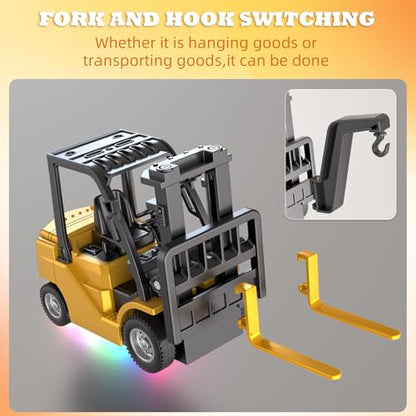 Rc Mini Forklift Toy, 1:64 Alloy Remote Control Forklift 3 Speed & Auto Demo, 10CH Forklift 3 in 1(Fork, Hook, Trailer) with Rubber Tires & Sound Off, Gift for Adults Kids