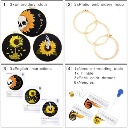 Halloween Gothic Embroidery Kits for Beginners Adults, Skull Hand Embroidery Needlepoint Kits, Sunflower Stamped Cross Stitch Kits for Beginners Adult, 3 Set Embroidery Hoops (Attached Video Tutorial) - color: Sunflower