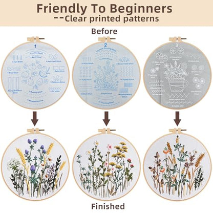 Herdiese Embroidery Kit for Beginners & Adults, 3PCS Floral Patterns. - color: Flower-C (3 Pack)