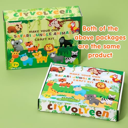 CiyvoLyeen Kids Sewing Kit Crafts – DIY Safari Jungle Animals Felt Plush Ornaments Sewing Set for Girls & Boys Ages 7–12, Beginner Craft Kit Set of 14 - color: Jungle animals-14 Pcs