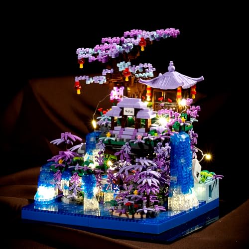 CAXIMSY Peach Blossom Pond Building Blocks Set,Building Blocks Set Gifts for Adults and Kids, Micro Bricks Cherry Blossom Tree House Kit with LED Light and Display Box（2500+Pieces） - style: With Acrylic Display Box