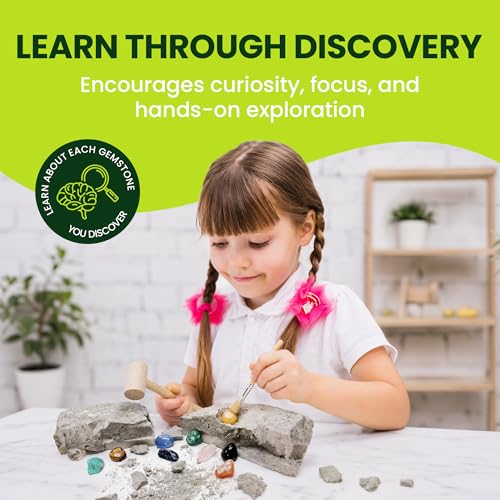 Nature Gear Gemstone Dig Kit for Kids, Educational Crystal Excavation Kit with 15 Mystery Gems, Interactive Adventure Fossil Mining Toy for Kids Age 3-5 and Up - style: Gemstone Dig Kit