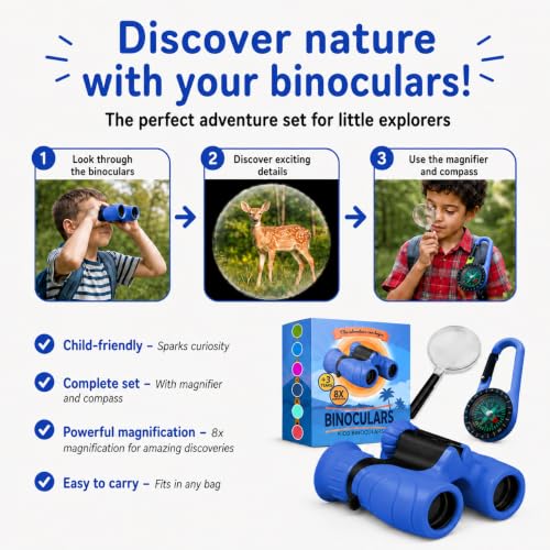 Binoculars for Kids – Perfect Toy for Little Boys and Girls – Extensive Set Incl. Magnifying Glass & Compass – Powerful Magnification 8X21 – 3 to 12 Year Old Kids for Toddler - color: Blue