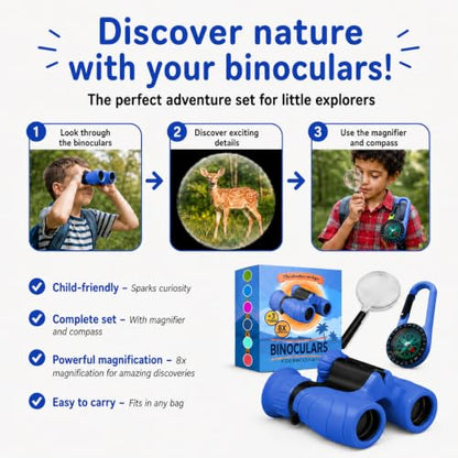 Binoculars for Kids – Perfect Toy for Little Boys and Girls – Extensive Set Incl. Magnifying Glass & Compass – Powerful Magnification 8X21 – 3 to 12 Year Old Kids for Toddler - color: Blue