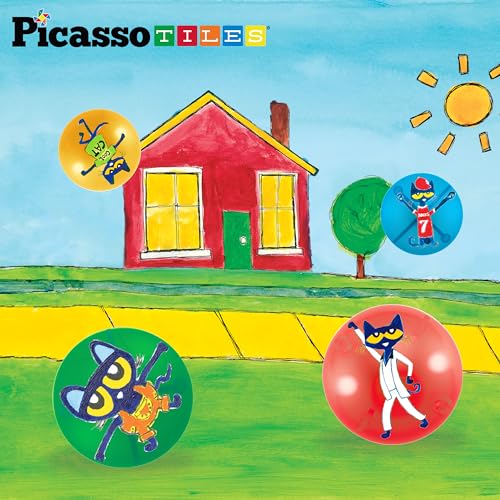 PicassoTiles Magnet Marble Run Tiles Pete The Cat Themed Character Marbles for Magnetic Building Block Construction Tile Maze Structures STEM Learning Pretend Play Fun Toys Girls Boys Ages 3+ PTG02 - style: PTG02