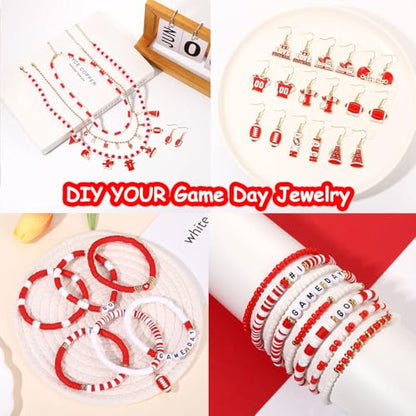 2200PCS+ Game Day Beads Charms for Bracelet Making Polymer Clay Beads Crystal Pearl Letter Gold Spacer Beads Football Charms for Game Day Bracelet Necklace Making DIY Crafts - color: Red White