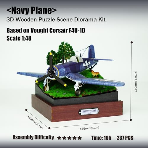 3D Wooden Puzzles for Adults, DIY Miniature Aircraft Model Kit, Airplane Building Set, Book Nook Kit, Diorama1:48 Scale F4U Corsair with Display Base, Gift for Teens and Adults (Navy Plane)