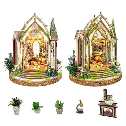 Book Nook Kit with Touch-Sensitive LED Lights 3D DIY Miniature Greenhouse Booknook for Adults, Creative Bookshelf Insert for Library Decor,Diorama Kit for Family and Friends