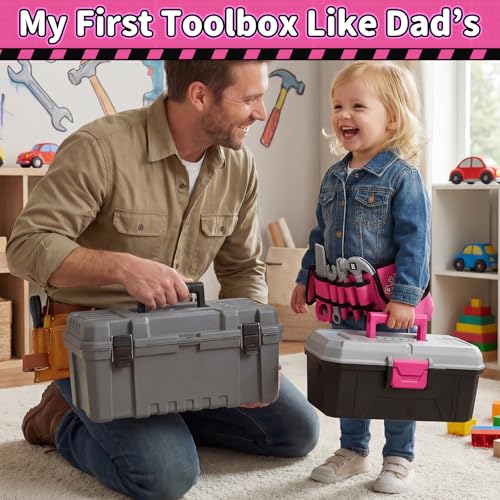 KidBloom Kids Tool Set, 50 Pcs Toddler Tool Set with Kids Tool Belt - color: Pink