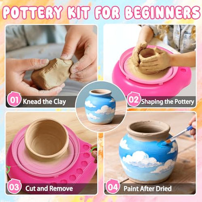 Weilim Pottery Wheel for Kids Beginners, Air-Dry Clay & Paint Kit Ages 6-12 - color: Pink
