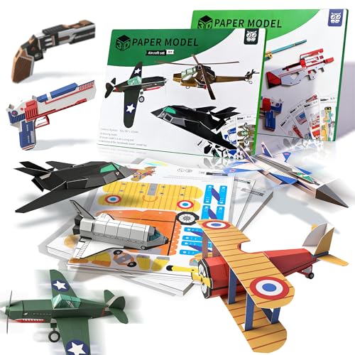 2 Themes in 1, 3D Paper Building Model, DIY Origami Kit for Kids Ages 8-12, Includes 16 Pre-cut, Easy-to-Assemble Aircraft & Weapon 3D Paper Building Models, Airplane Origami Kit for Kids Ages 8-12 - style: 2 Themes in 1