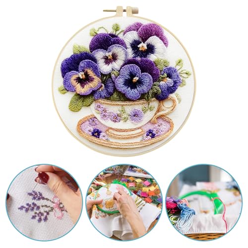 Needlework Embroidery Kit for Beginners,Pansy Pattern Handmade Cross Stitch Sewing Craft Kit with Pre-Stamped Patterns,7.87 inch Hoop,Floss & Needles for Craft Lover Birthday Gifts 11.41x11.41in - color: Pansy