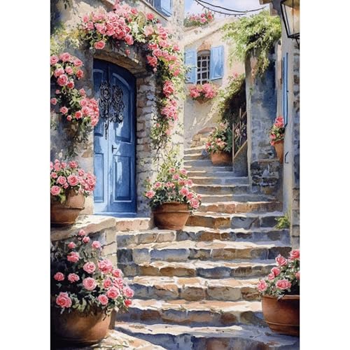 HEIBAGO Street Diamond Art Kits for Adults, 5D Full Drill Round House Painting Gems with Flower Diamond Painting, House Diamond Dots Perfect for Home Wall Decor 12x16inch - color: Street House