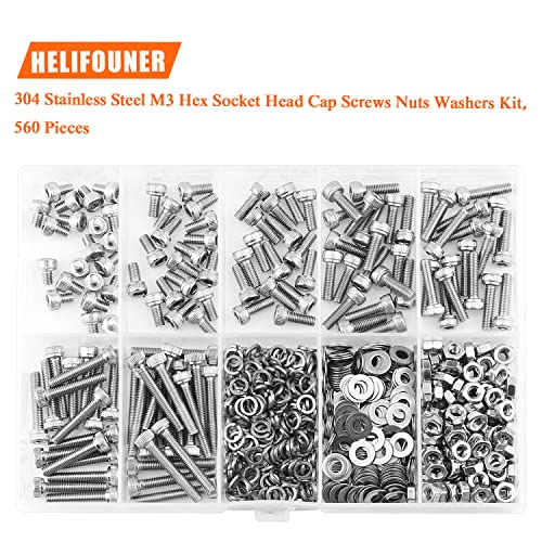HELIFOUNER 560 Pieces M3 x 4mm /6mm /8mm /10mm /12mm /16mm /20mm, Hex Socket Head Cap Screws Bolts Washers Nuts Kit, 304 Stainless Steel - size: M3, style: Hex Socket Head Cap
