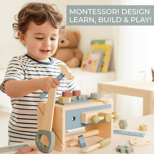 Durable Wooden Tool Set for Toddlers 2-5 - Montessori Tool Box with Hammer