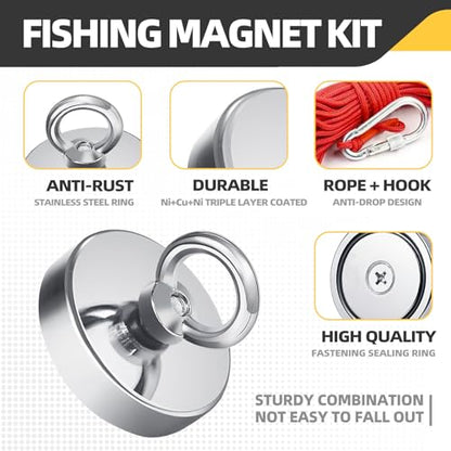1500 LBS Super Strong Neodymium Fishing Magnet Kit, D120 Set, Round, Rare Earth, 4.72in, 120mm, 1 Piece, 1500 lbs Pull Force - size: D120 Set