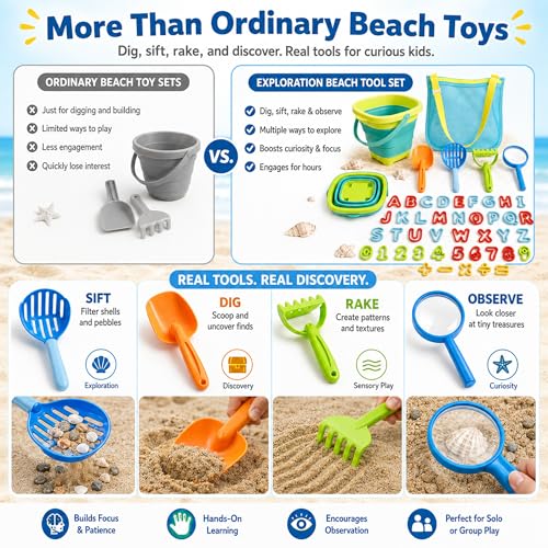 47pc Collapsible Beach Toys for Toddlers Kids ，Educational Sand Toys with Letter & Number Molds, Collapsible Bucket, Magnifying Glass, Mesh Bag -Travel Sandbox Toys for Boys Girls Age 3-10