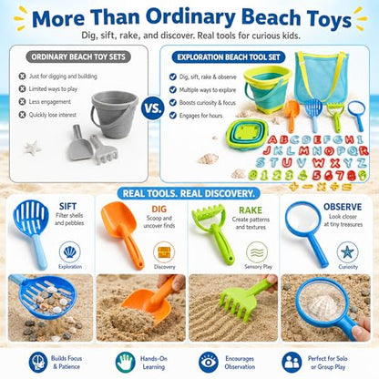 47pc Collapsible Beach Toys for Toddlers Kids ，Educational Sand Toys with Letter & Number Molds, Collapsible Bucket, Magnifying Glass, Mesh Bag -Travel Sandbox Toys for Boys Girls Age 3-10