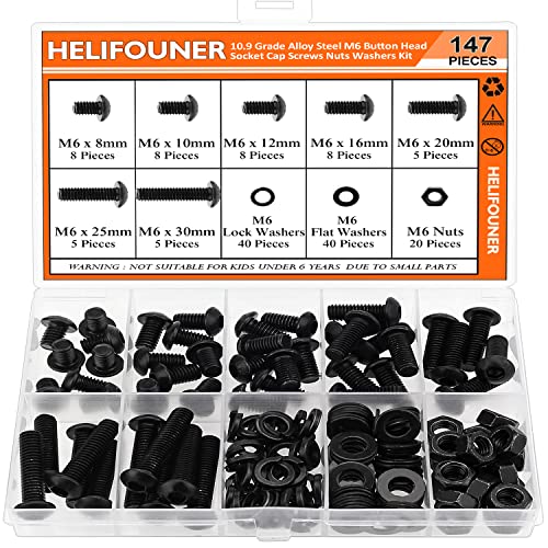 HELIFOUNER 147 Pieces M6 x 8mm /10mm /12mm /16mm /20mm /25mm /30mm, Button Head Socket Cap Screws Bolts Washers Nuts Kit, 10.9 Grade Alloy Steel, Full Threaded, Black - size: M6, style: Button Head