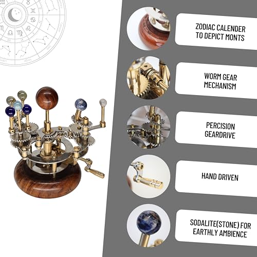 Luxury Vintage Brass Orrery – Exquisite Brass Planetary Gear Mechanism | Astronomical Desk Ornament | Solar System Model (8" Mercury, Venus, Earth, Mars & Moons)