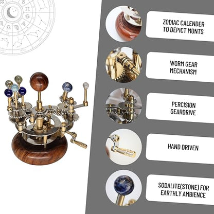 Luxury Vintage Brass Orrery – Exquisite Brass Planetary Gear Mechanism | Astronomical Desk Ornament | Solar System Model (8" Mercury, Venus, Earth, Mars & Moons)