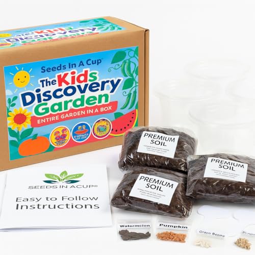 Kids Discovery Garden Kit, Complete Indoor/Outdoor Growing Set, Premium Soil, 4 Seed Varieties,Educational, Made in USA, Great Gift for Holiday, Gift Idea