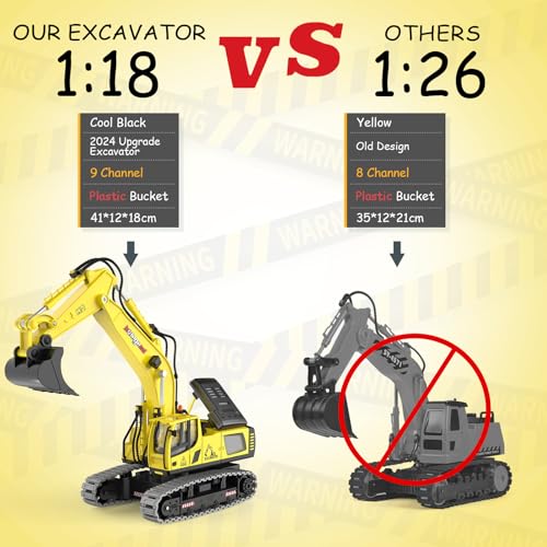 kolegend Remote Control Excavator Toy 16 Inch, 11 Channel RC Construction Vehicles Hydraulic Haulers Digger Toys Gift for 6+ Years Old Kids Boys - color: Yellow