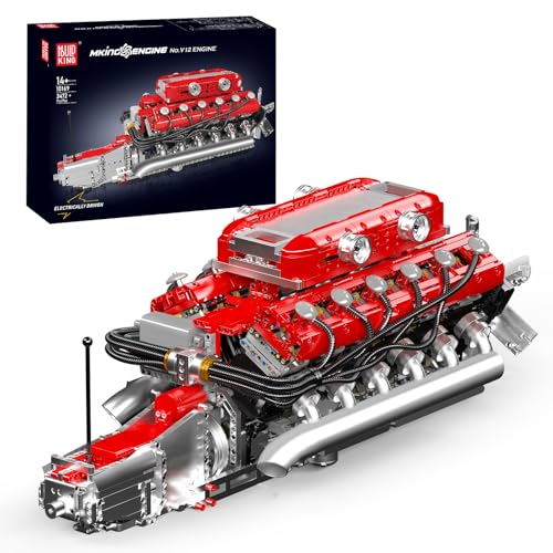 Mould King V12 Engine Model Kit That Runs, MOC Engineering Model Building Kit with Battery and Motor, 3472 PCS STEM Engineering Building Blocks for Adults - color: Red