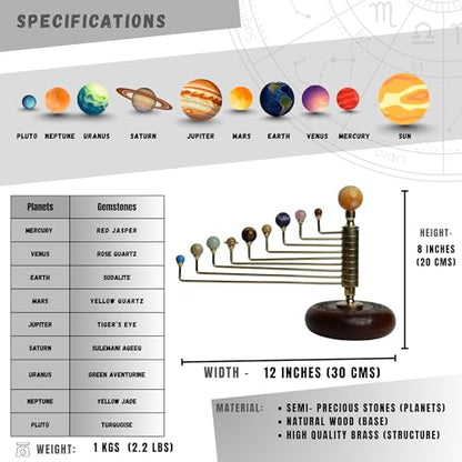 Luxury Handcrafted Solar System Model with Semi-Precious Stones – Sun, Earth & Moon Planet Display on Rosewood Base | Astronomy Art Desk Decor (Rotating Solar System)