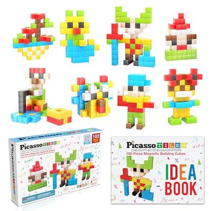 PicassoTiles 102pcs Pixel Magnetic Puzzle Cube 1” Pixel Mix & Match Toys with Ideabook STEM Education Learning Building Block Magnets Construction ToySet Stacking Creative Kit for Kids Age 3+ PMC102 - style: 102pc