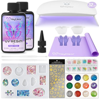 HeyClear UV Resin Molds Kit 200g with Large UV Light for Jewelry Making - size: Upgraded Large Light Kit
