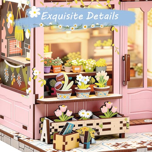 DIY Miniature Dollhouse Book Nook Kit with LED Lights, Mini Bookshelf Insert Decor for Adults & Teens, Creative Craft Gift for Family, Friends & Book Lovers (Pink Flower Shop) - style: Red Dream Garden