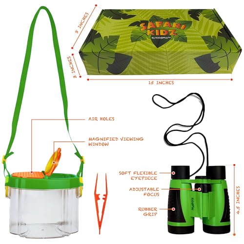 Safari Kidz Outdoor Adventure Sets - Green and Pink, Exploration Costume with Vest, Hat, Binoculars, Bug Net and Container, Whistle, Flashlight, Magnifying Glass, Bundle (14 items)