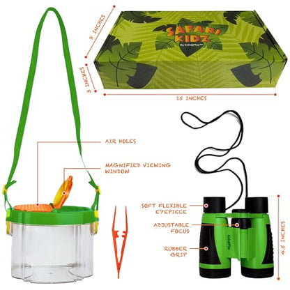 Safari Kidz Outdoor Adventure Sets - Green and Pink, Exploration Costume with Vest, Hat, Binoculars, Bug Net and Container, Whistle, Flashlight, Magnifying Glass, Bundle (14 items)