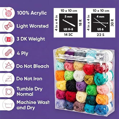 CRAFTISS 30 of 20g/0.7Oz Acrylic Yarn Mini Skeins - 1300 Yards of Soft Yarn for Crocheting and Knitting Craft Project, Assorted Starter Crochet Bulk Kit for Adults and Kids - Mothers Day Gift