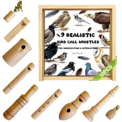 ZDH 9-Piece Wooden Bird Call Set – Handcrafted Bird-Call in Wooden Box for Birdwatchers, Nature Lovers, Outdoor Exploration & Education 6 * 6 * 2.9inch - size: 6*6*2.9inch
