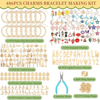 SANNIX 486Pcs Charm Bracelet Making Kit, Including 16 Bangles 228 Charms - color: Gold