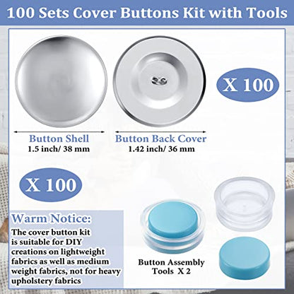 100 Sets Cover Buttons Kit with Tools - Size 60/1.5 Inch DIY Fabric Cloth Cover Buttons with Wire Backs - size: Size 60 / 1.5 Inch