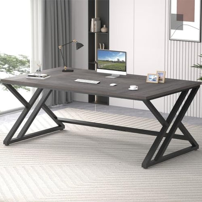 LVB Modern Long Computer Desk, Industrial Large Wood Office Desk 70 Inch - color: Dark Gray Oak, size: 70 Inch