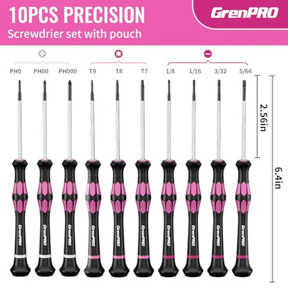 GRENPRO 10-Piece Precision Screwdriver Set, Magnetic Small Screwdrivers with Phillips, Slotted, Torx Star for Eyeglass, Watch, Computer, Laptop, Phone,Pink - color: Pink