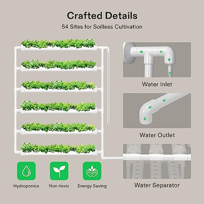 VIVOSUN Hydroponic Grow Kit, 54 Plant Sites 6 Food-Grade PVC-U Pipes Hydroponics Planting System with Water Pump, Pump Timer, Nest Basket and Sponge for Leafy Vegetable - size: 54(Wall mounted)