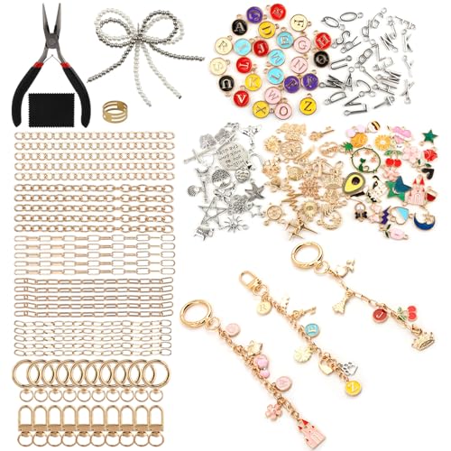 Olnverath 325Pcs Lip Gloss Keychain Making Kit with Charms, Including Keychain Clips Extender Chain Charms Jewelry Plier, Jewelry Making Kit for Custom Keychains and DIY Crafting(Alloy)