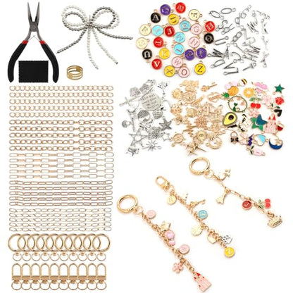 Olnverath 325Pcs Lip Gloss Keychain Making Kit with Charms, Including Keychain Clips Extender Chain Charms Jewelry Plier, Jewelry Making Kit for Custom Keychains and DIY Crafting(Alloy)