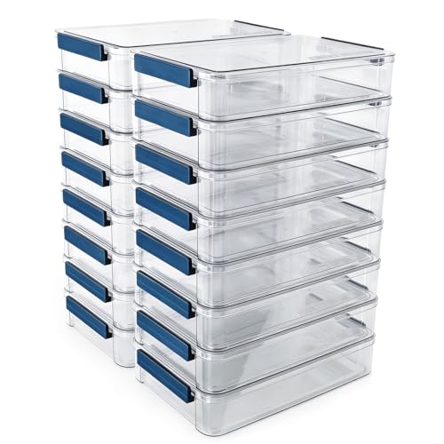 CATOOMUU 16-Pack 9x13 Shallow Flat Clear Plastic Storage Boxes - color: Large-Blue-16packs
