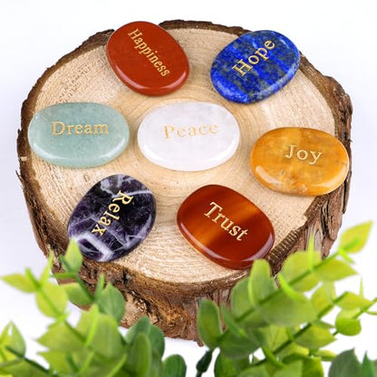 TGS Gems Set of 7 Chakra Stones - Reiki Healing Crystal with Engraved Inspirational Word Palm Stones(7 Different Words) - color: Ckl-bbs