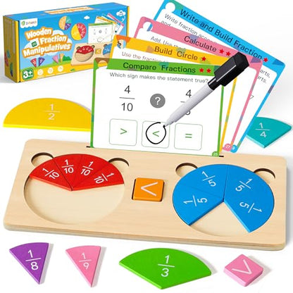 D-FantiX Wooden Fraction Educational Puzzle, Fraction Manipulatives Set