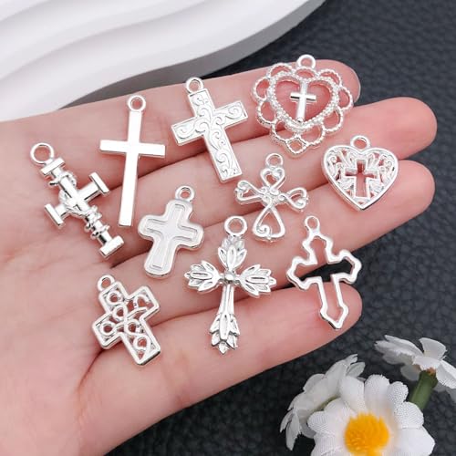 WOCRAFT 60pcs Bright Silver Cross Bracelet Charms for Jewelry Making Sets DIY Necklace Bracelet Keychain Crafting Charms Kit Craft Supplies (SN909) - color: Bright Silver, size: Cross Charms